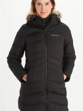 Marmot Women's Montreal Black Long Hooded Puffer Coat with Faux Fur Trim